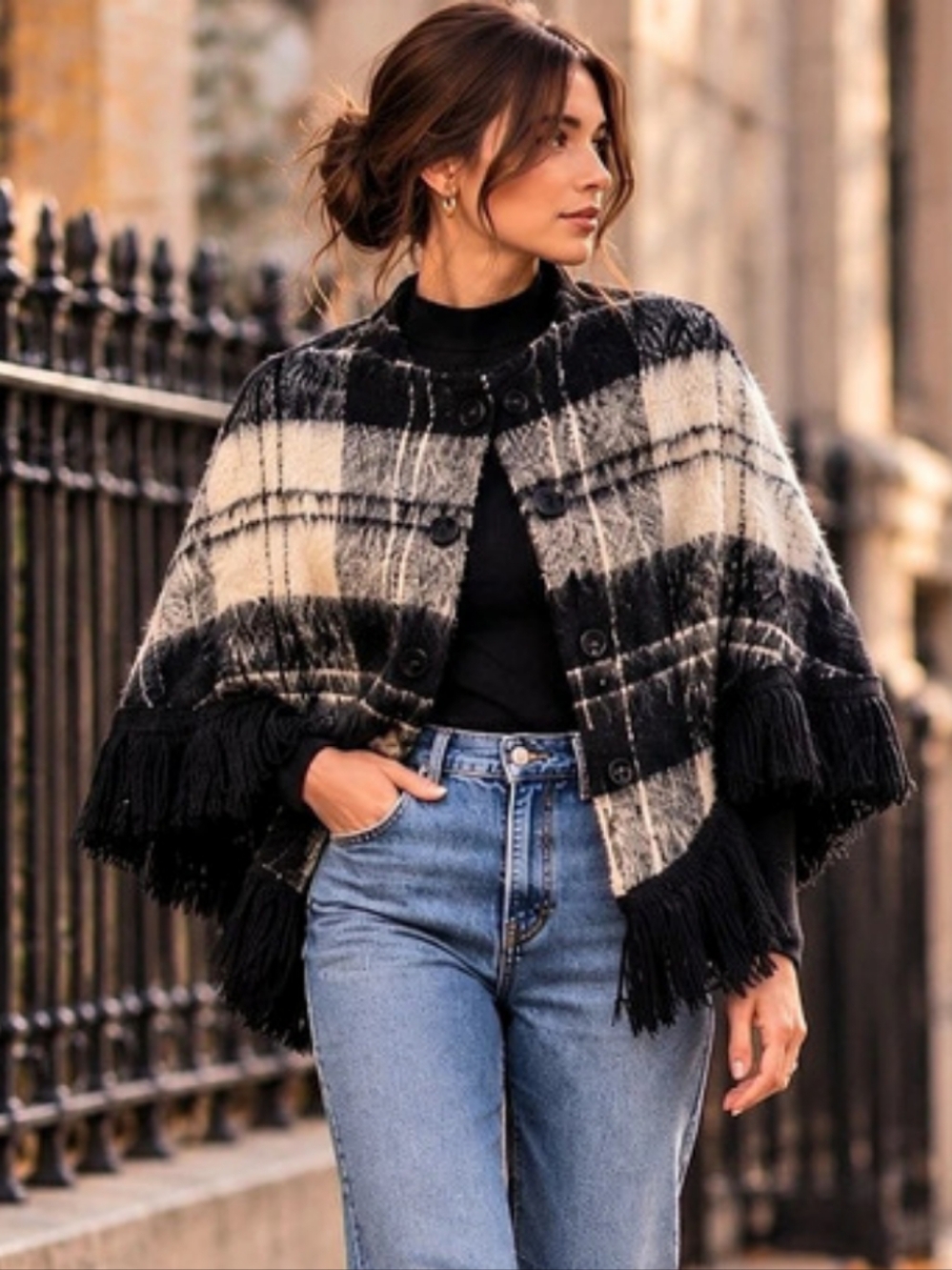 Vintage 70s Mohair Poncho Plaid Fringe Cape MacMaster Scotland Quiet Luxury S/M